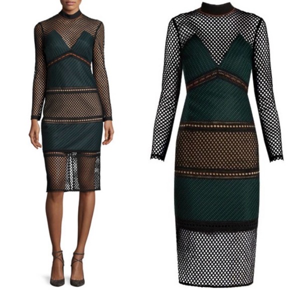 Self-Portrait SAMPLE Forest Green Fitted Mock-Neck Lace Midi Dress - Picture 1 of 10